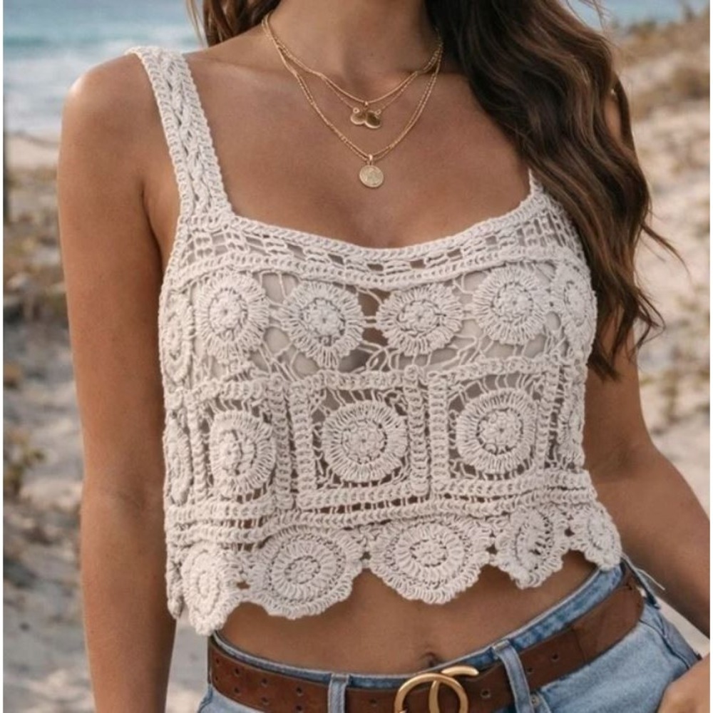 Rebellion Again Womens Crochet Sleeveless Wide Strap Lined Crop Top Ivory Small